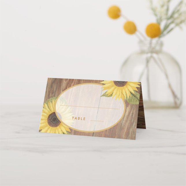 Rustic Sunflower and Wood Oval Place Card (Front)