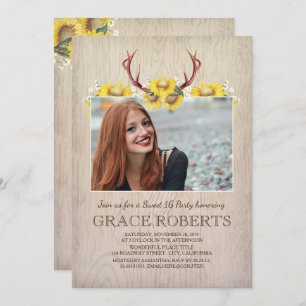 Rustic Sunflower Antlers Sweet Sixteen Birthday Invitation