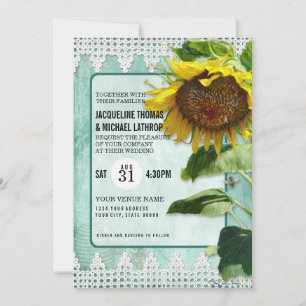 Rustic Sunflower Aqua Blue White Lace Garden Bees Invitation