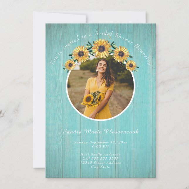 Rustic Sunflower Aqua Wood Wedding Bridal Shower I Invitation (Front)