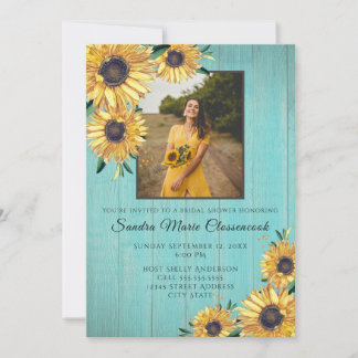 Rustic Sunflower Aqua Wood Wedding Bridal Shower Invitation