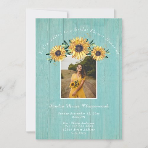 Rustic Sunflower Aqua Wood Wedding Bridal Shower   Invitation