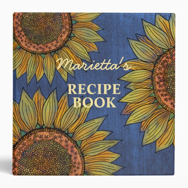  Rustic Sunflower Art Cute Navy Blue Custom Recipe 3 Ring Binder (Front)