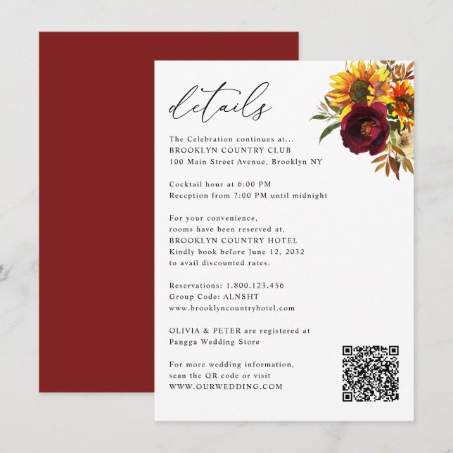 Rustic Sunflower Autumn Burgundy Wedding Details Enclosure Card (Front/Back)