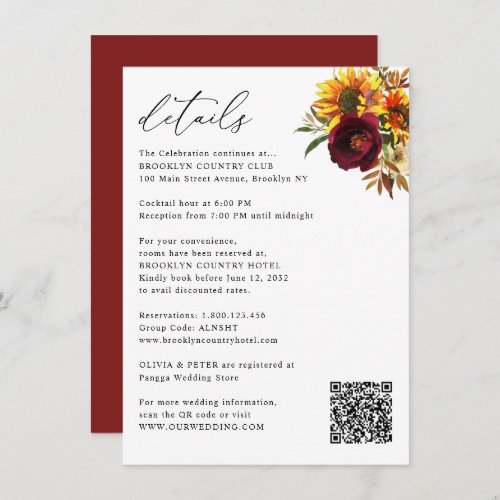 Rustic Sunflower Autumn Burgundy Wedding Details Enclosure Card