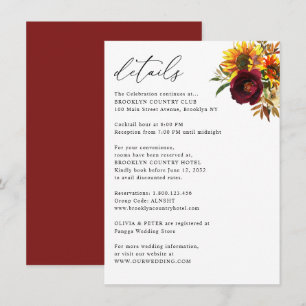 Rustic Sunflower Autumn Burgundy Wedding Details Enclosure Card