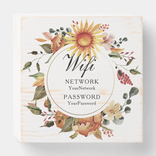 Rustic Sunflower Autumn Floral Wifi Password Wooden Box Sign (Front Horizontal)