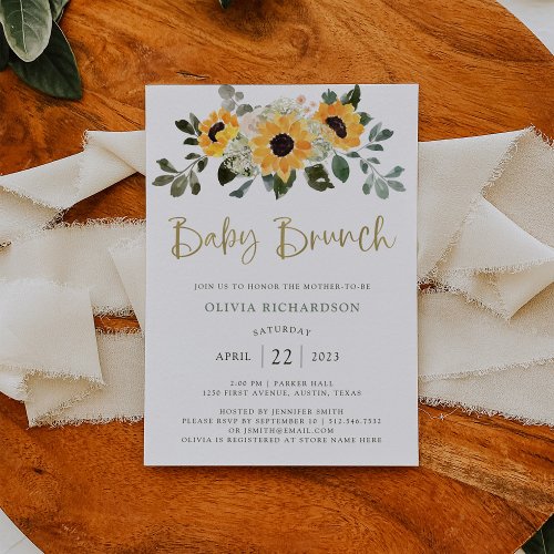 Rustic Sunflower  Baby Brunch with Gold Script Invitation