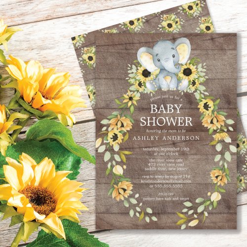 Rustic Sunflower  Baby Elephant Baby Shower Invitation