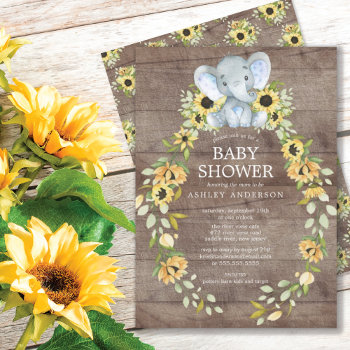 Rustic Sunflower & Baby Elephant Boys Baby Shower Invitation by invitationstop at Zazzle