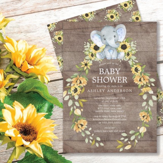 Rustic Sunflower & Baby Elephant Boys Baby Shower Invitation