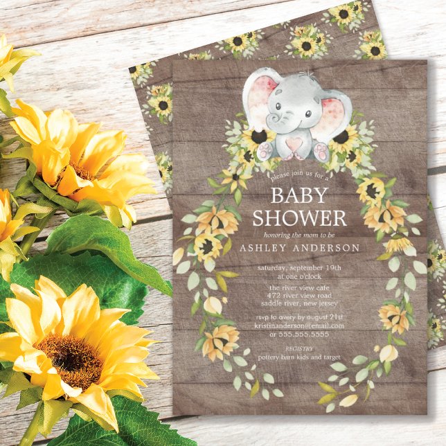 Rustic Sunflower & Baby Elephant Girls Baby Shower Invitation (Creator Uploaded)