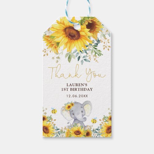 Rustic Sunflower Baby Elephant Wild One Birthday Gift Tags