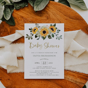 Rustic Sunflower Baby Shower and Gold Script Invitation