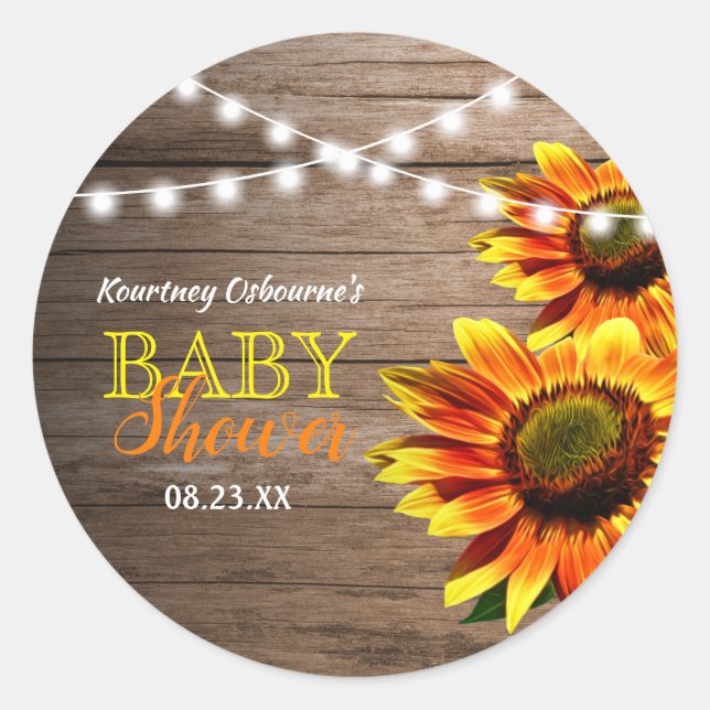 Rustic Sunflower Baby Shower Classic Round Sticker (Front)