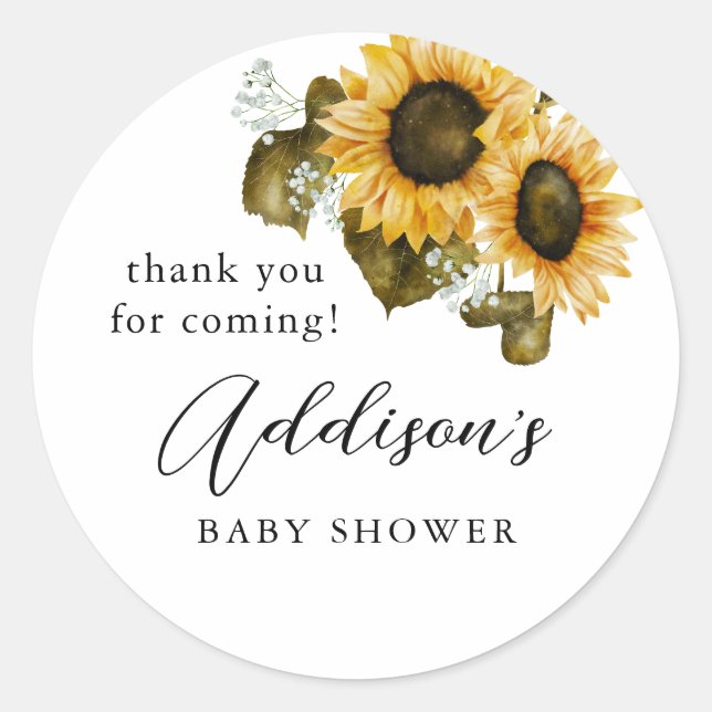 Rustic Sunflower Baby Shower Favor Classic Round Sticker (Front)