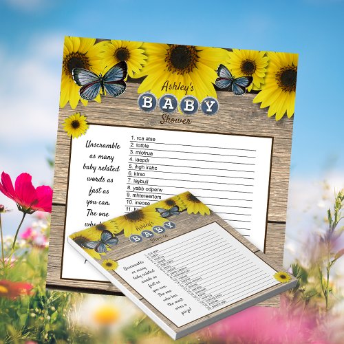 Rustic Sunflower Baby Shower Word Scramble Game Notepad