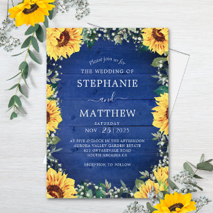 Rustic Sunflower Babys Breath Border Blue Wedding Invitation