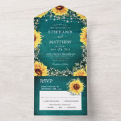 Rustic Sunflower Babys Breath Border Teal Wedding All In One Invitation (Inside)