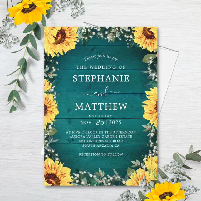 Rustic Sunflower Babys Breath Border Teal Wedding Invitation 