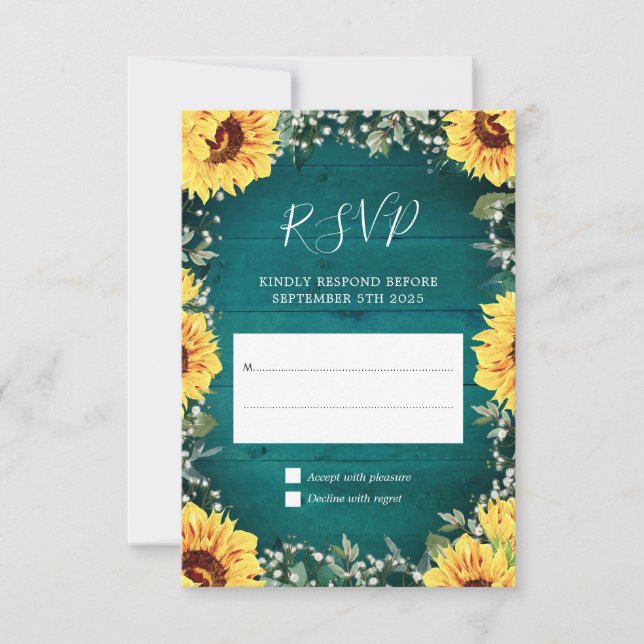 Rustic Sunflower Babys Breath Border Teal Wedding RSVP Card (Front)