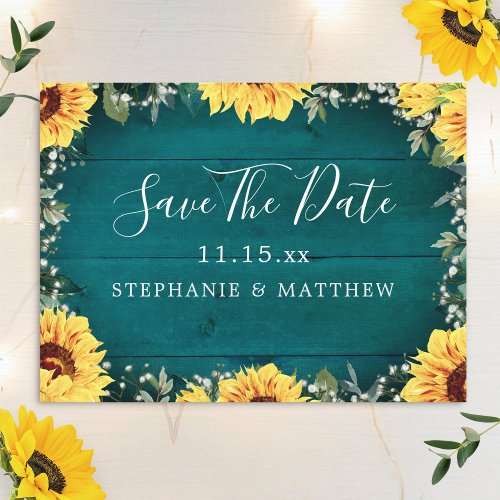 Rustic Sunflower Babys Breath Border Teal Wedding Save The Date