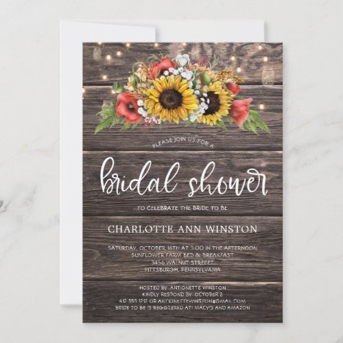 Rustic Sunflower Babys Breath  Bridal Shower Invitation