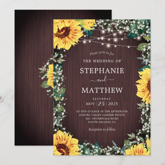 Rustic Sunflower Babys Breath Lights Wedding Invitation (Front/Back)