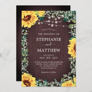 Rustic Sunflower Babys Breath Lights Wedding Invitation