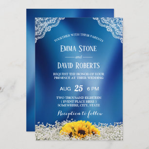 Rustic Sunflower & Baby's Breath Navy Blue Wedding Invitation