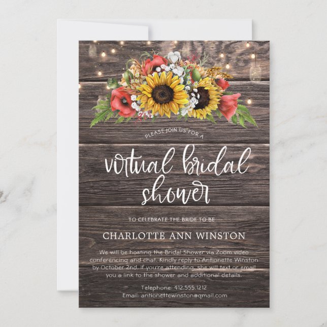 Rustic Sunflower BabysBreath Virtual Bridal Shower Invitation (Front)