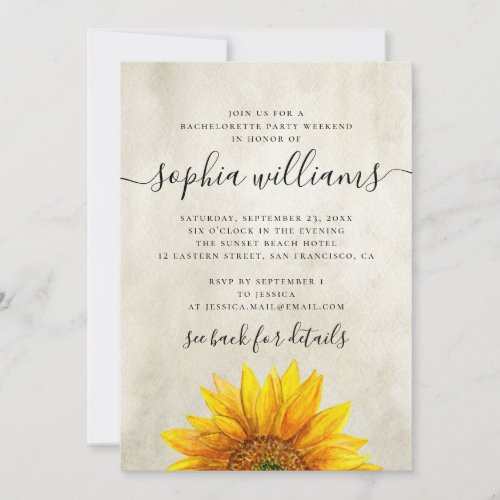 Rustic sunflower bachelorette party Country Invitation