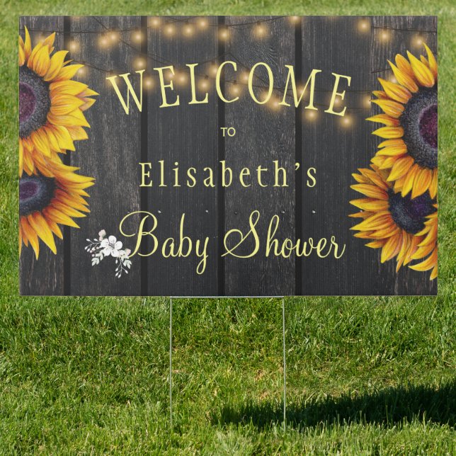 Rustic sunflower backyard baby shower welcome sign (Insitu)