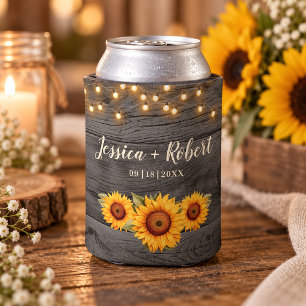 Rustic Sunflower Barn String Lights Wedding Can Cooler