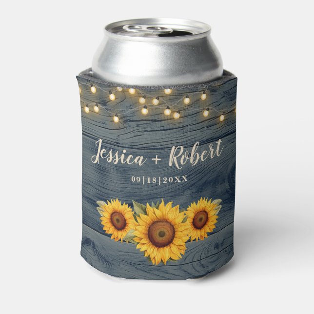 Rustic Sunflower Barn Wedding Can Cooler (Can Back)
