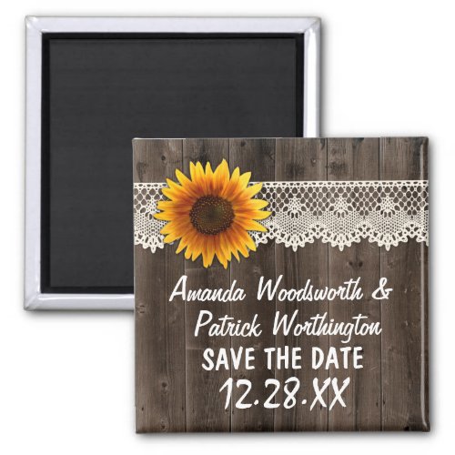 Rustic Sunflower Barn Wood and Lace Save the Date Magnet