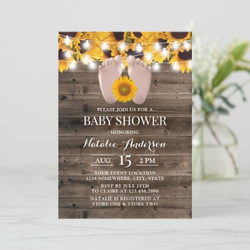 Rustic Sunflower Barn Wood Baby Feet Baby Shower I Invitation