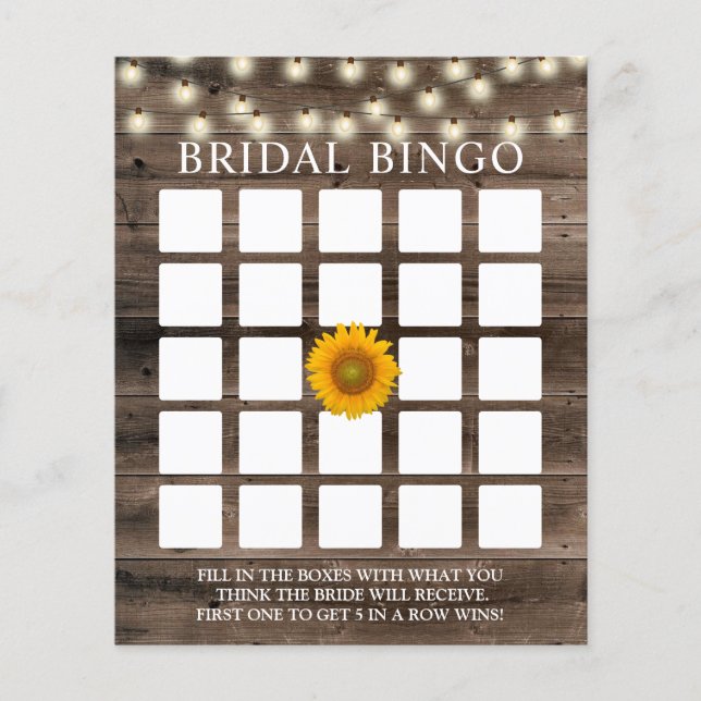 Rustic Sunflower Barn Wood Bridal Bingo Game Cards (Front)