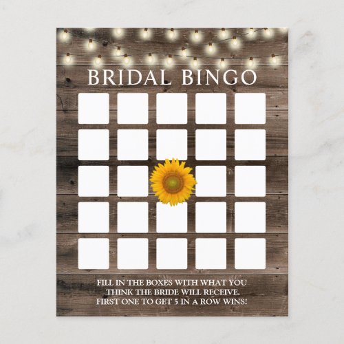 Rustic Sunflower Barn Wood Bridal Bingo Game Cards