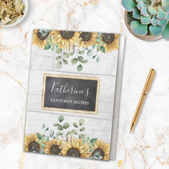 Rustic Sunflower Barn Wood Country Recipe Book Pocket Folder (In situ on table)