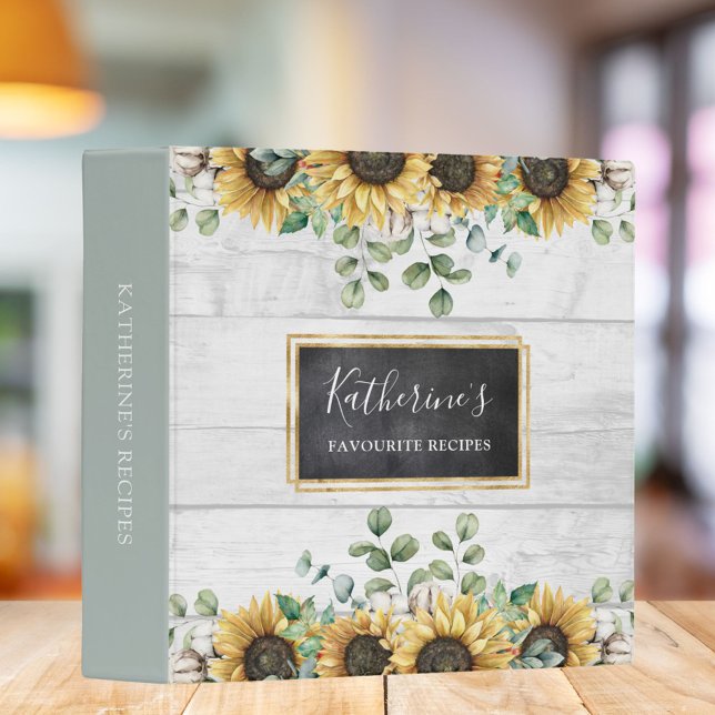 Rustic Sunflower Barn Wood Country Recipe Cookbook 3 Ring Binder (In situ on kitchen table)