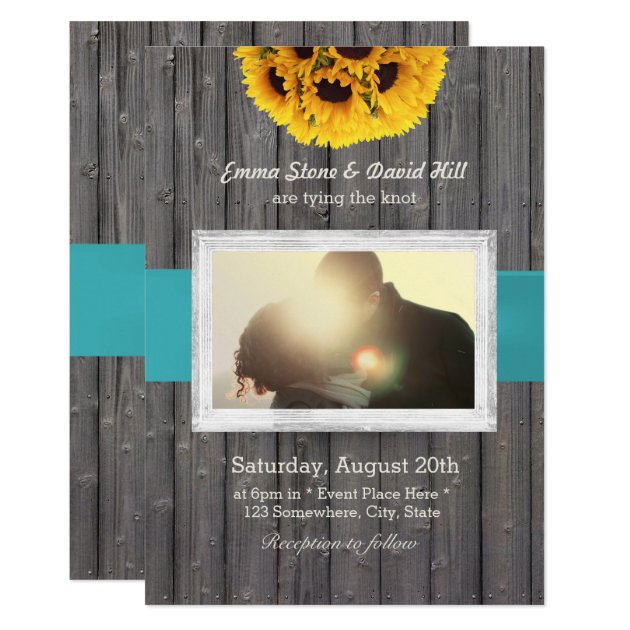 Rustic Sunflower Barn Wood Custom Photo Wedding Card