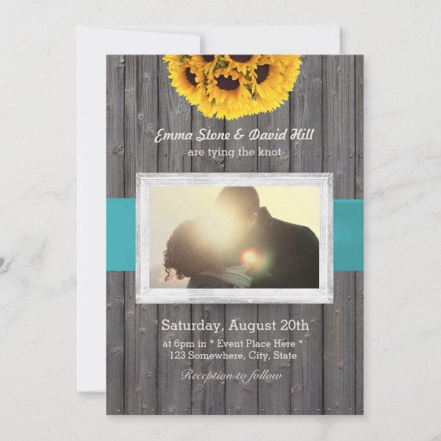 Rustic Sunflower Barn Wood Custom Photo Wedding Invitation (Front)