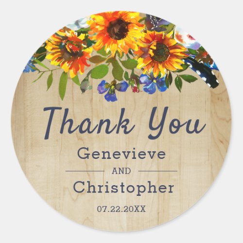 Rustic Sunflower Barn Wood Engagement Party Classic Round Sticker