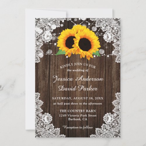 Rustic Sunflower Barn Wood Floral Lace Wedding Invitation