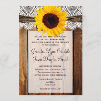 Rustic Sunflower Barn Wood Lace Wedding Invitation