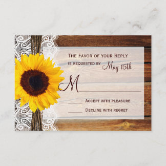 Rustic Sunflower Barn Wood Lace Wedding RSVP Cards