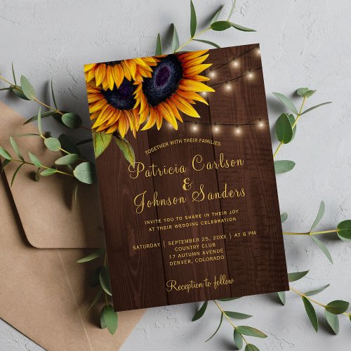 Rustic sunflower barn wood lights wedding invitation