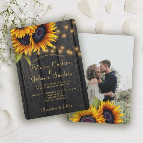 Rustic sunflower barn wood photo wedding invitation