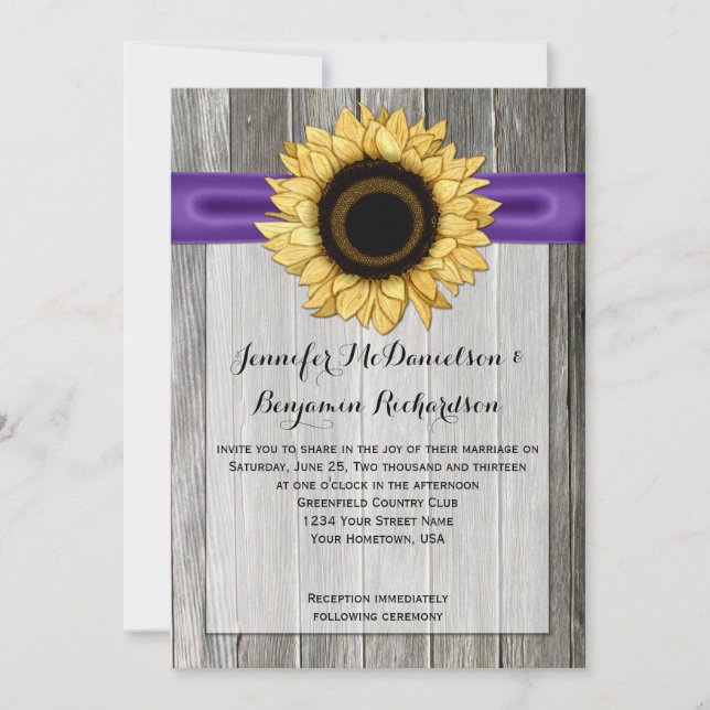Rustic Sunflower Barn Wood Purple Ribbon Invitation (Front)